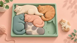 Cat-shaped puzzle pieces fit together inside a pastel tray.