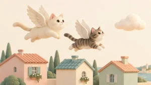 Two winged kittens fly above small pastel houses.
