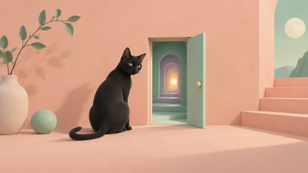 A black cat stands near a softly glowing mysterious doorway.