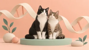 Illustrated black-and-white and tabby-and-white cats sit beside an abstract DNA ribbon.