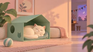 A cream cat rests in a sheltered cardboard box with a pumpkin in the distant room.
