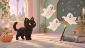 An original black kitten holds a wand near three paper-like ghosts in a classroom.