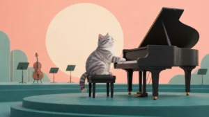 A grey tabby sits at a piano with a small orchestra behind it.