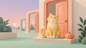 A yellow cat appears beside a sequence of doorways with a small pumpkin.