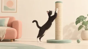 A tuxedo cat stretches against a tall scratching post beside a sofa.